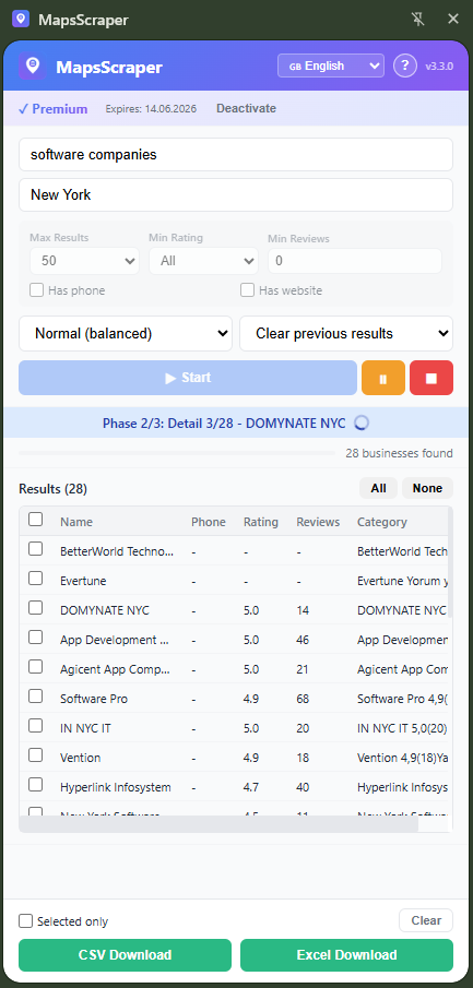 MapsScraper side panel with extracted leads from a Google Maps search