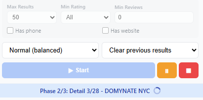 MapsScraper filter panel — minimum rating, review count, phone required