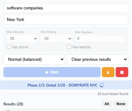 MapsScraper side panel with search, filters and scan progress