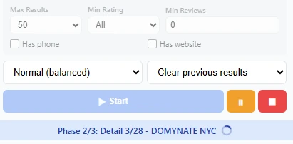 MapsScraper filter panel — minimum rating, review count, phone required