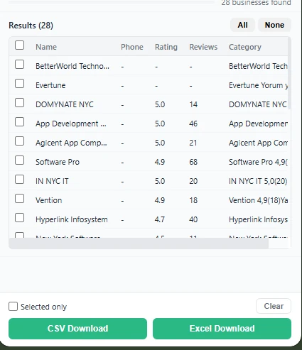 MapsScraper export menu showing CSV and Excel download options